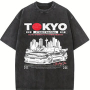 TOKYO Street Racing Car Sleeveless Tank Vintage Washed T-Shirt in Black