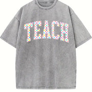 Checkered Teach Back to School Vintage Washed T-Shirt in Gray
