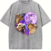 Three Capybaras Retro Capybara Moon Vintage Washed T-Shirt in Gray