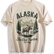 Retro Alaska the Last Frontier Moose 90s Vintage Washed T-Shirt in Beige