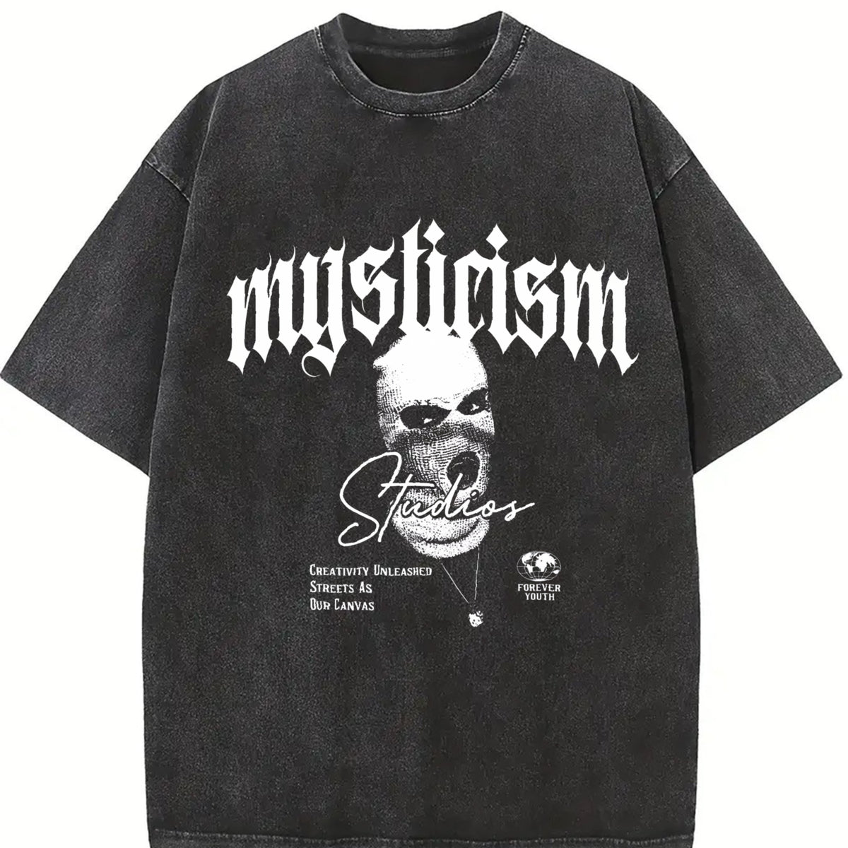 Mysticism Studios Ski Mask Gothic Letter Back Vintage Washed T-Shirt in Black