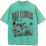 Wild Horses & Wildflowers Vintage Washed T-Shirt in Blue