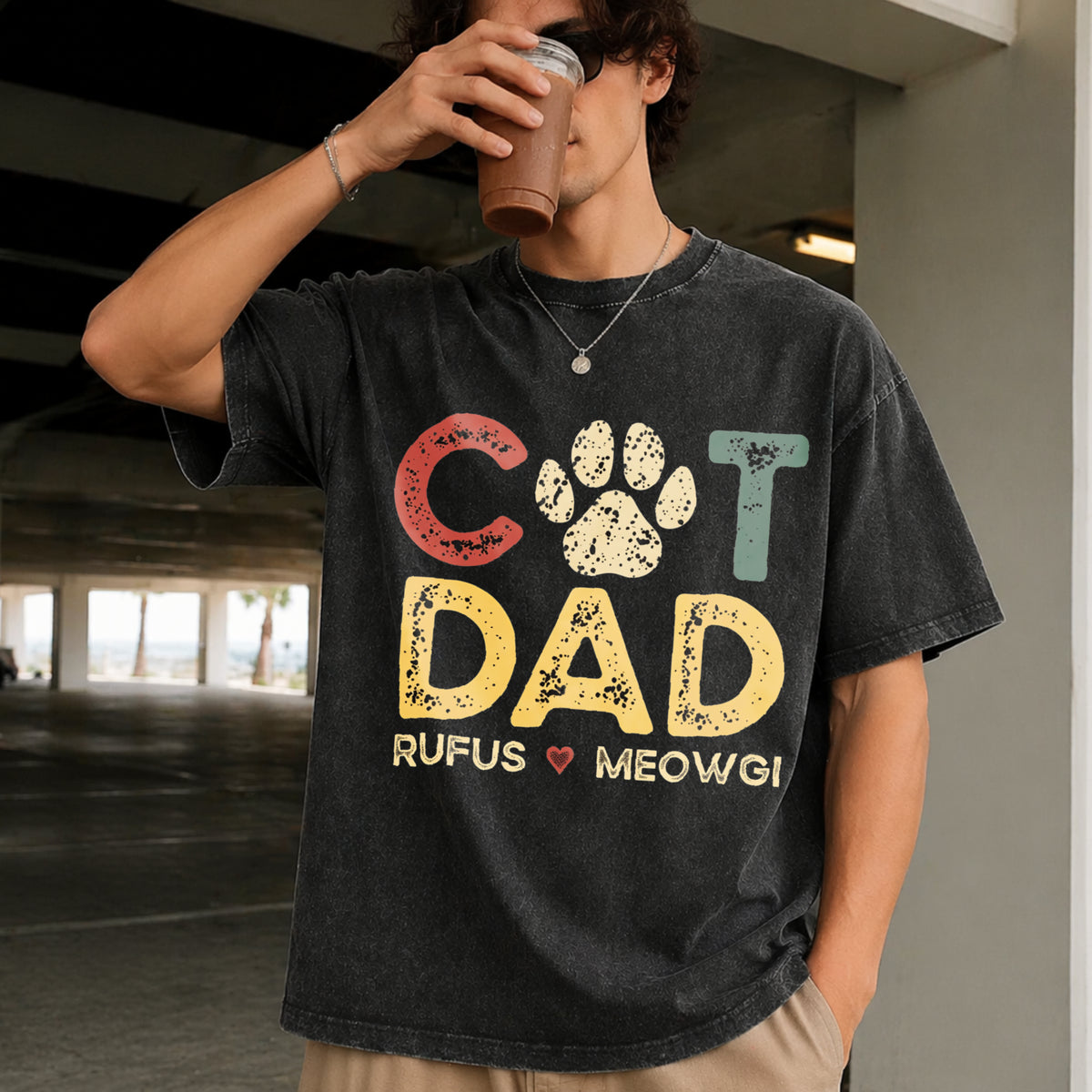 Personalized Cat Dad with Pet Names Vintage Washed T-Shirt in Black