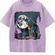 Retro Wolf Howling Y2k Teenager Vintage Washed T-Shirt in Purple