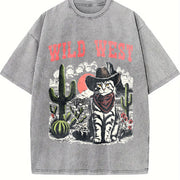 Retro Wild West Cowboy Cat Vintage Washed T-Shirt in Gray