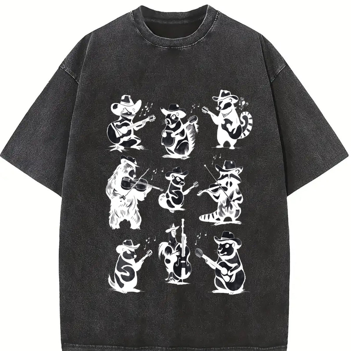 Animal Musicians 90s Tattoo Vintage Washed T-Shirt in Black