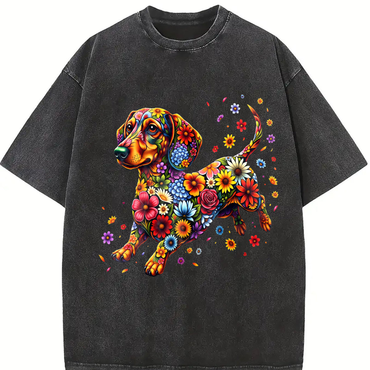 Floral Dachshund Vintage Washed T-Shirt in Black
