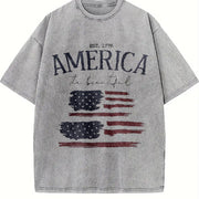 America the Beautiful EST 1776 Distressed Flag Double Vintage Washed T-Shirt in Gray