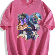Cats Floating in Galaxy 90s Vintage Washed T-Shirt in Red