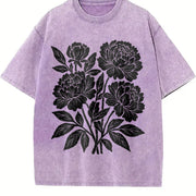 Linocut Flower ® Retro Block Peonies Vintage Washed T-Shirt in Purple