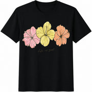 Life Is Good Hibiscus Flowers Cotton T-Shirt in Black