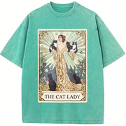 Cat Tarot Card Cat Lover Vintage Washed T-Shirt in Blue