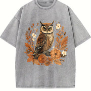 Autumn Leaf Flower Owl One-piece Vintage Washed T-Shirt in Gray