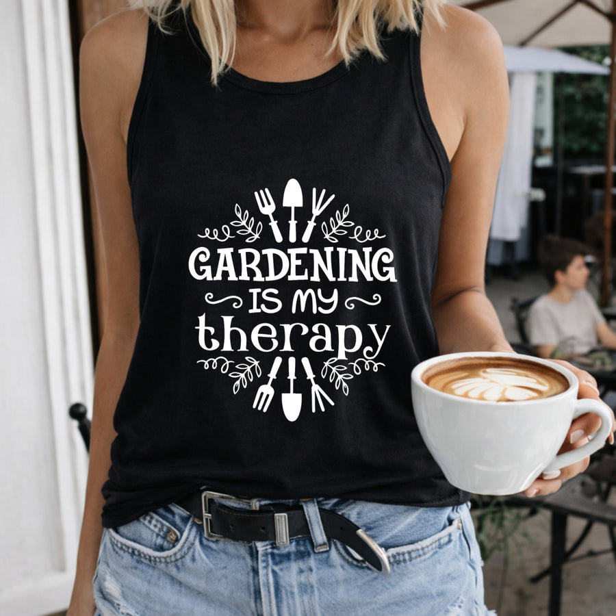 Gardening Is My Therapy Women's Color Cotton Tank Top in Black