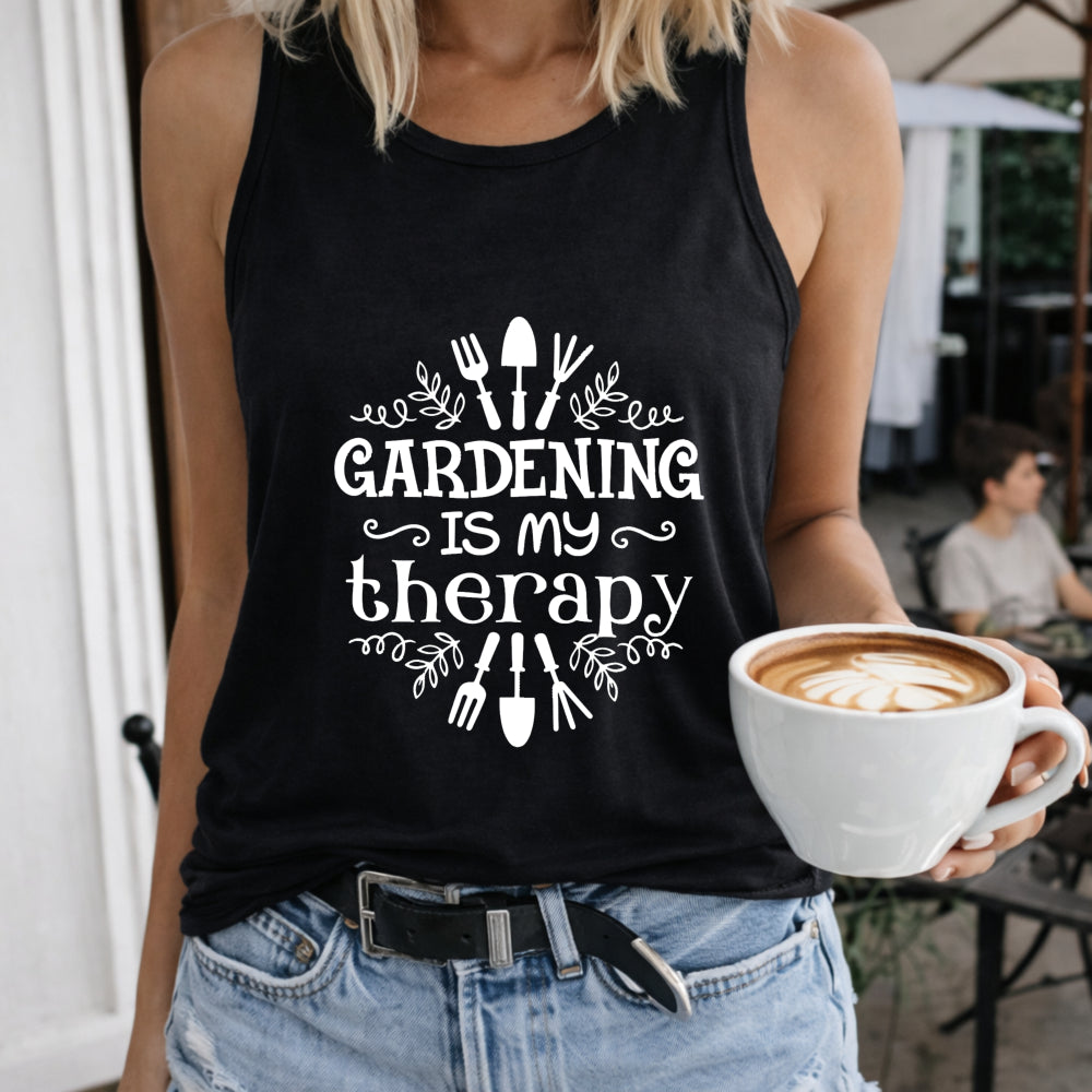 Gardening Is My Therapy Women's Color Cotton Tank Top in Black