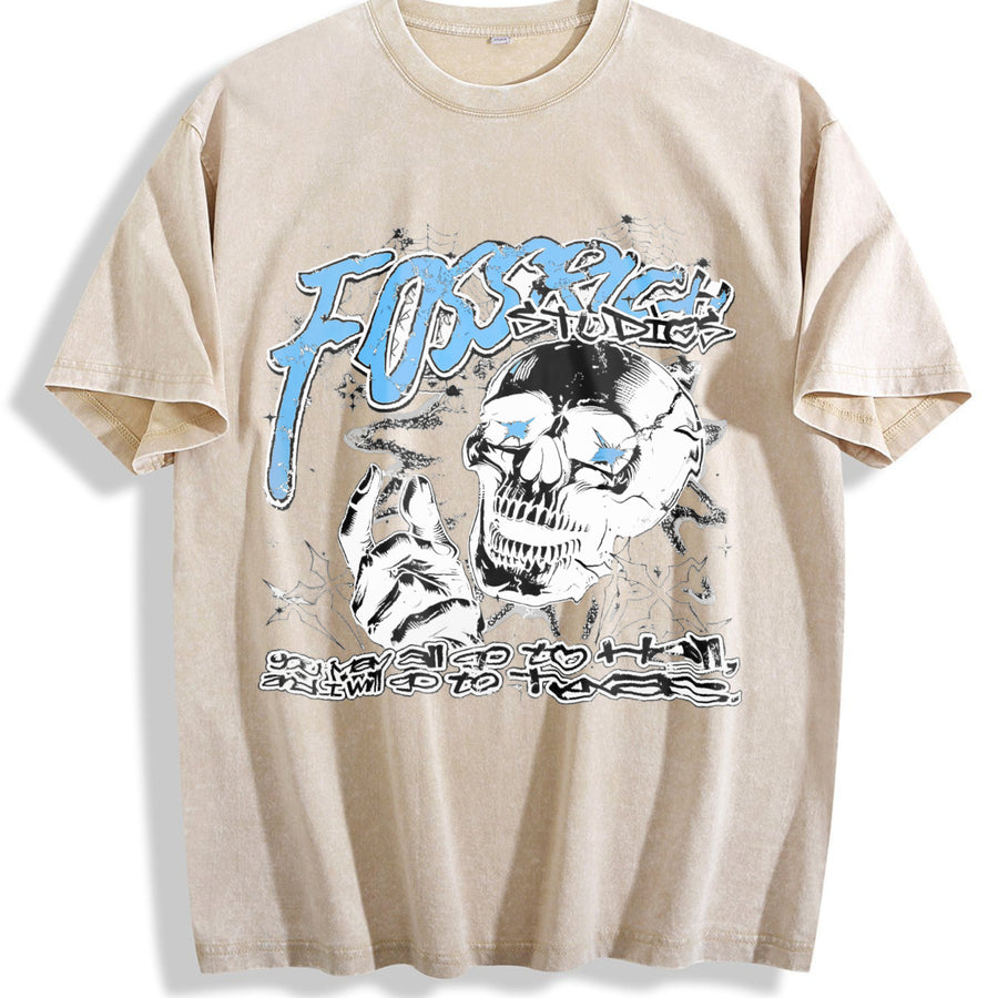 Skull Tank Punk Sleeveless Muscle Vintage Washed T-Shirt in Beige