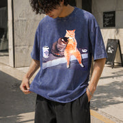 Bowling Cat Vintage Washed T-Shirt in Blue