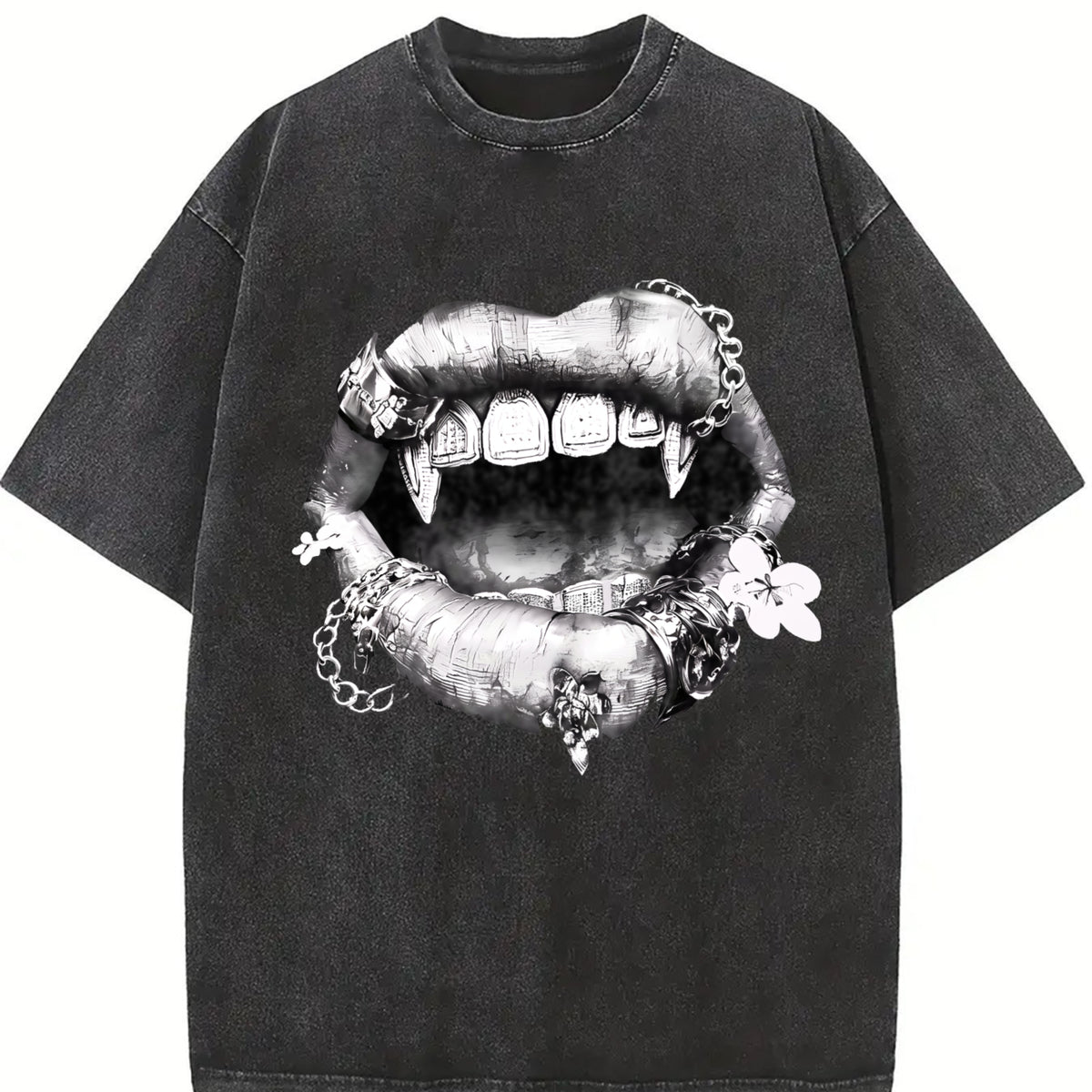 Grillz Lips Chain Sleeveless Vest Vintage Washed T-Shirt in Black