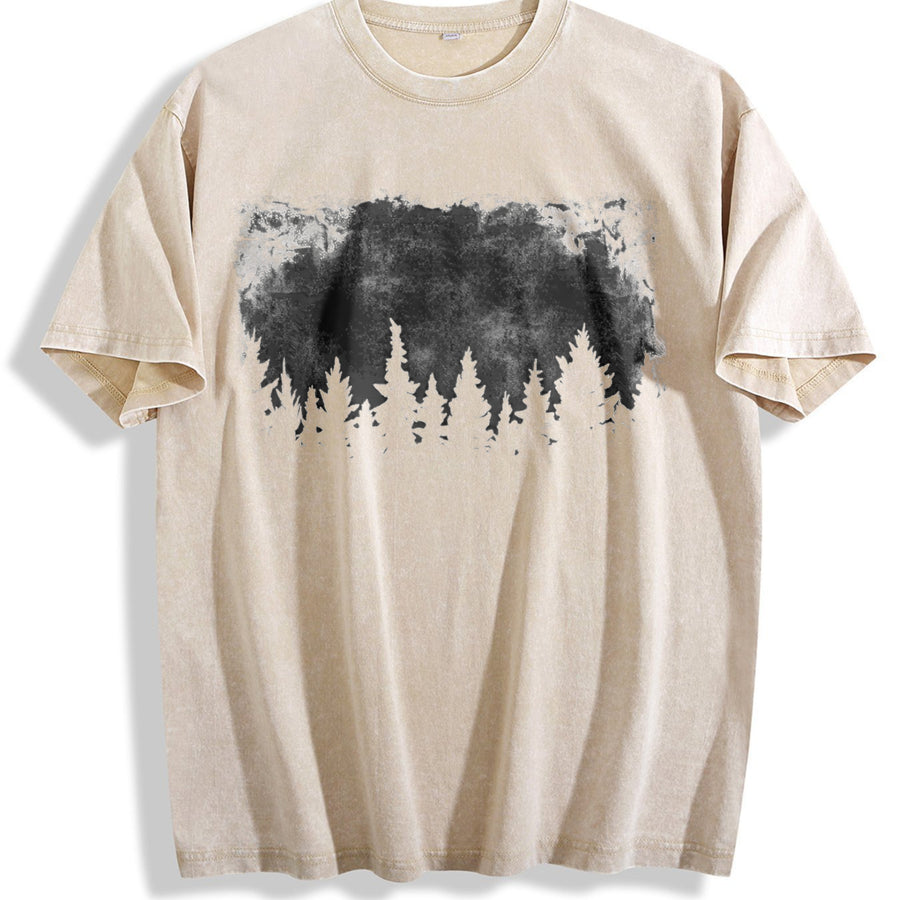 Dark Forest Pine Tree Silhouette vintage washed oversized T-shirt in Beige