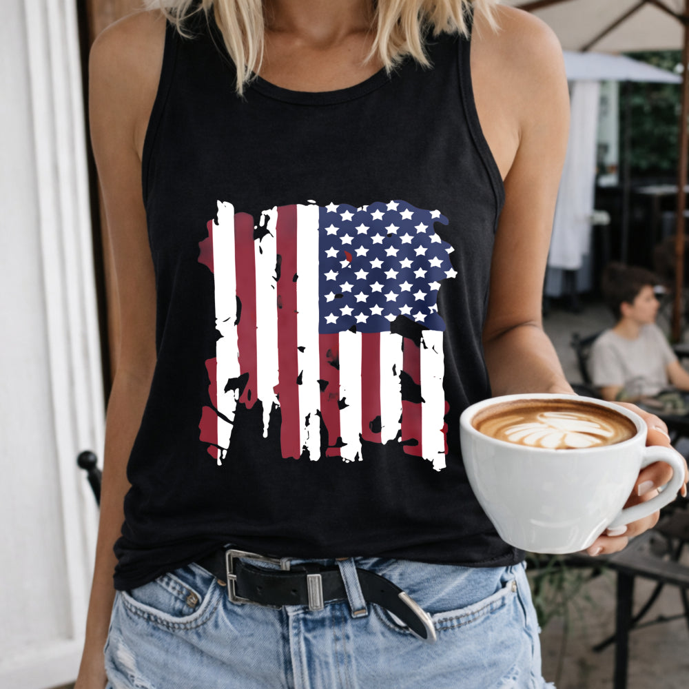 Distressed American Flag Women's Color Cotton Tank Top in Black