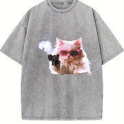 1pcscute Cat T-shirtmen's Vintage Washed T-Shirt in Gray