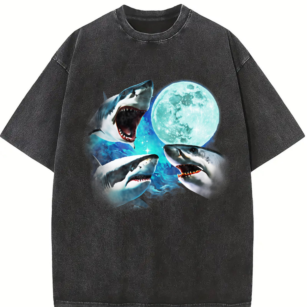 Three Sharks Retro Shark Moon Vintage Washed T-Shirt in Black