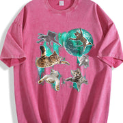 Cats Flying in Galaxy 90s Vintage Washed T-Shirt in Red