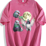 Pigeon Moon Retro Bird Nature Vintage Washed T-Shirt in Red