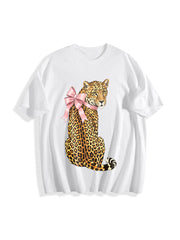 Pink Leopard with Bow Cotton T-Shirt in White