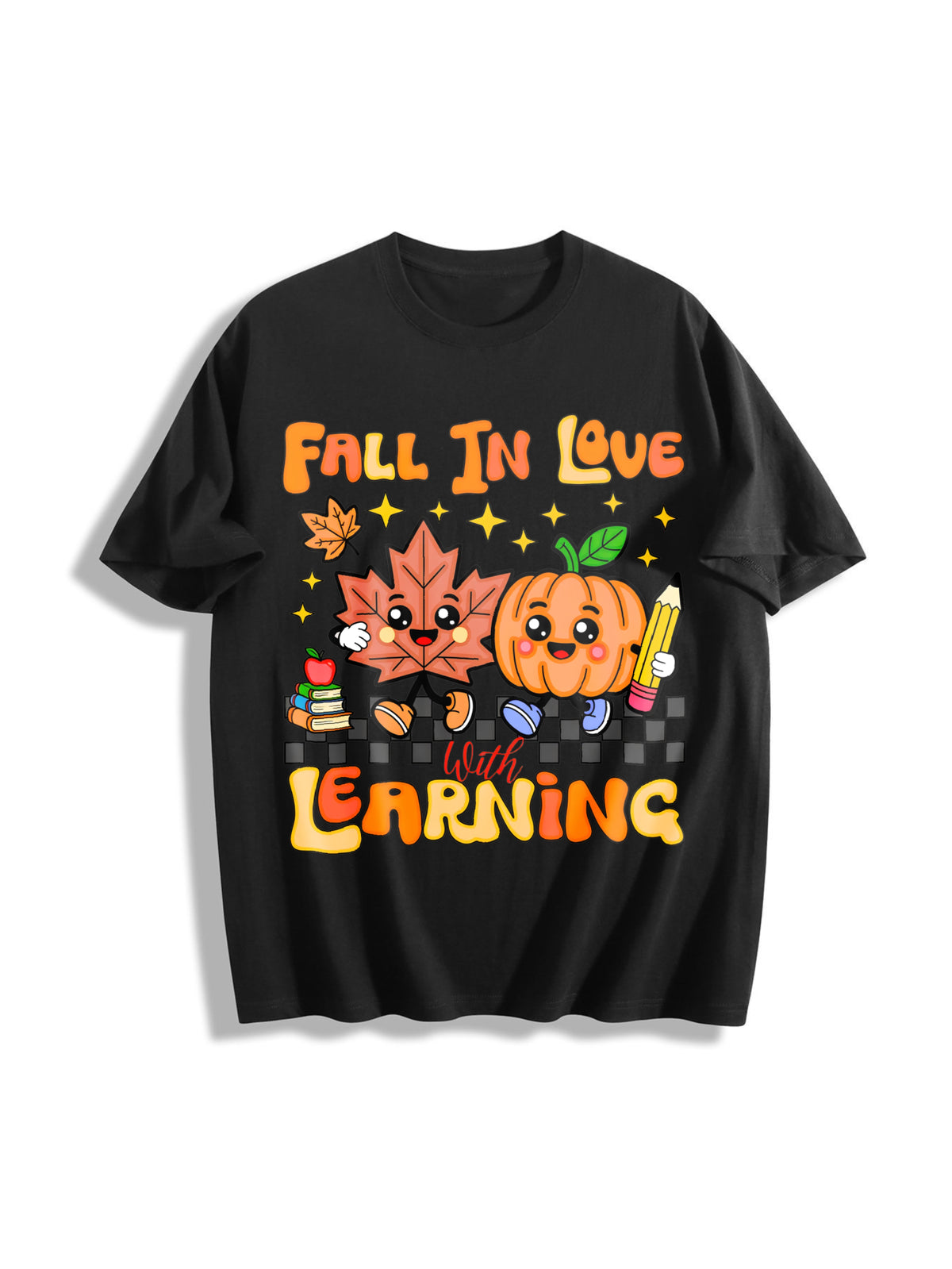 Retro Teacher Fall Cotton T-Shirt in Black