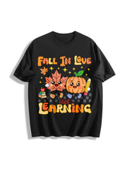 Retro Teacher Fall Cotton T-Shirt in Black