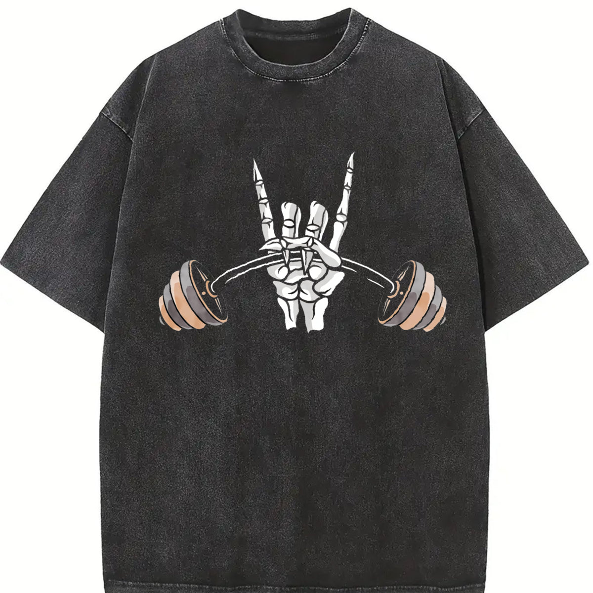Skeleton Hand Barbell Vintage Washed T-Shirt in Black