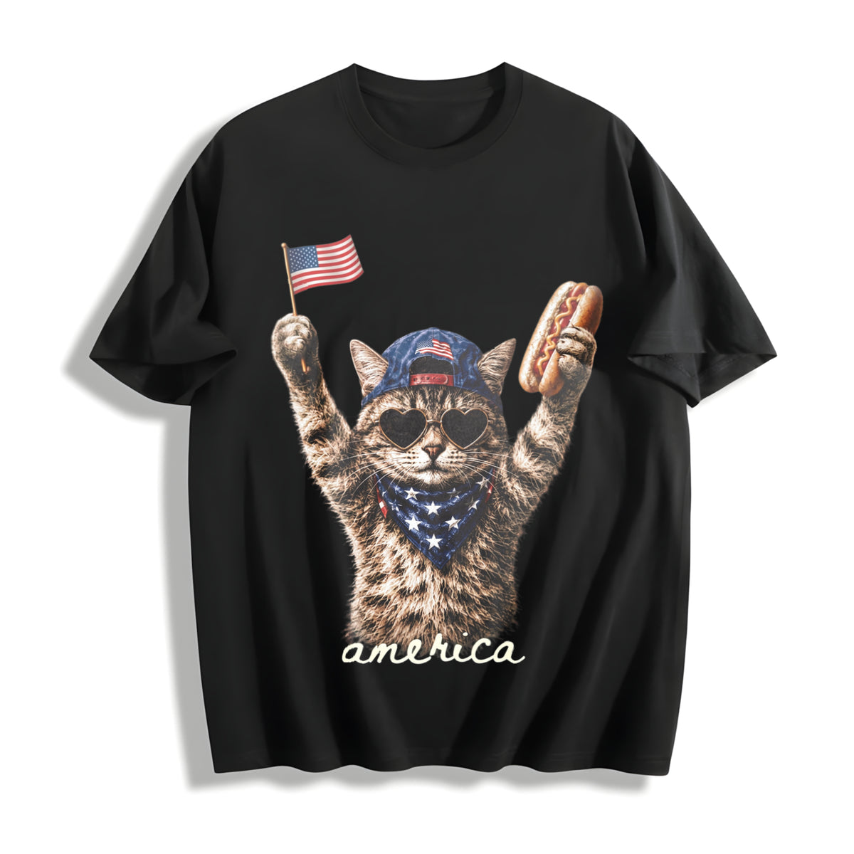 Patriotic Cat Lover Cotton T-Shirt in Black
