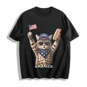 Patriotic Cat Lover Cotton T-Shirt in Black