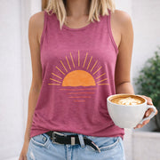 Sunset Horizon Lines and Rays Women's Color Cotton Tank Top in Red