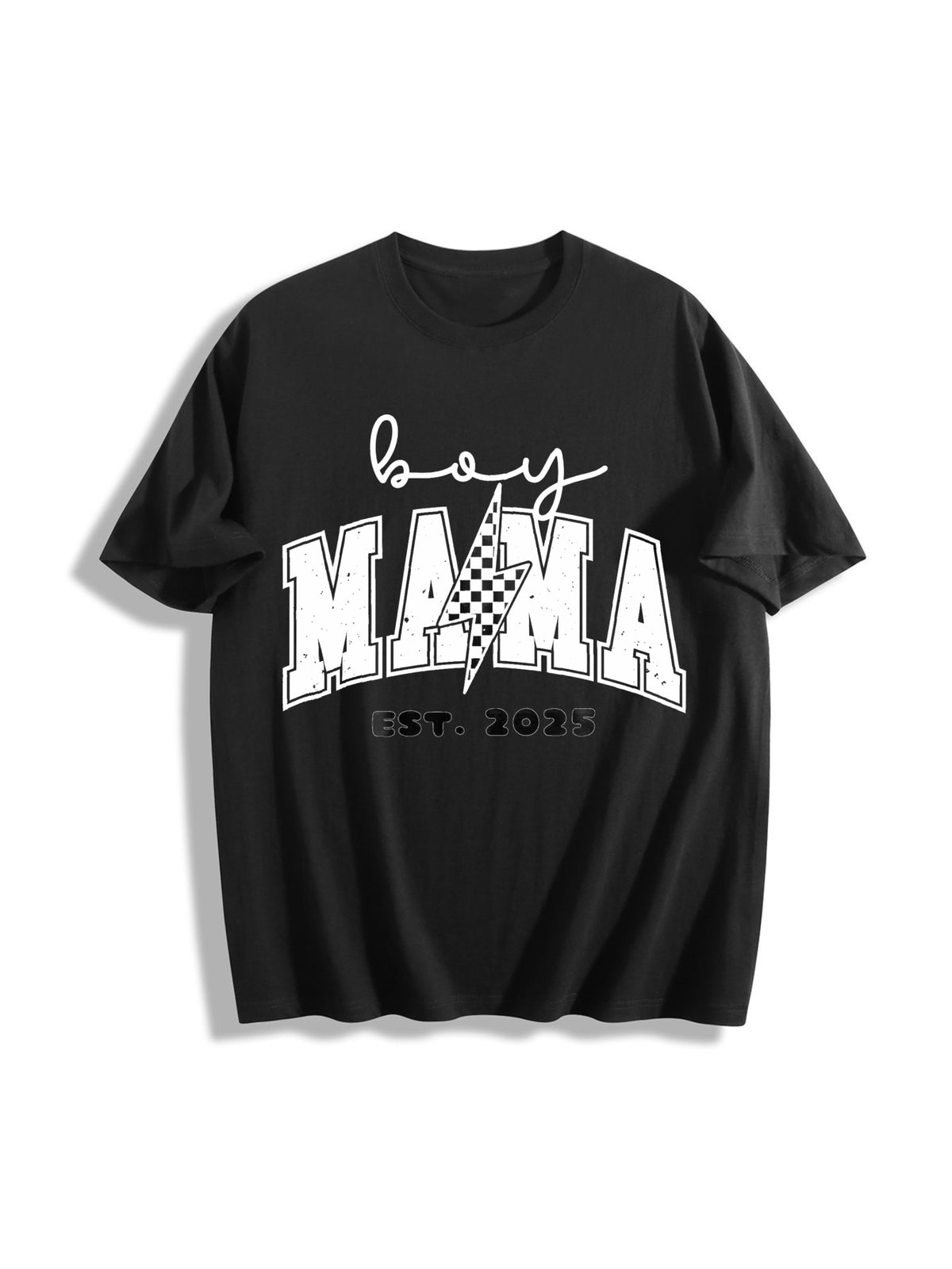 Boy Mom Custom Est Date New Mama Lighting Bolt First Time Cotton T-Shirt in Black
