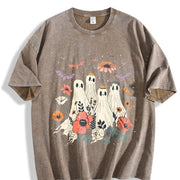 2024 Halloween Playful Ghosts with Crowns & Floral Bats Vintage Washed T-Shirt in Brown