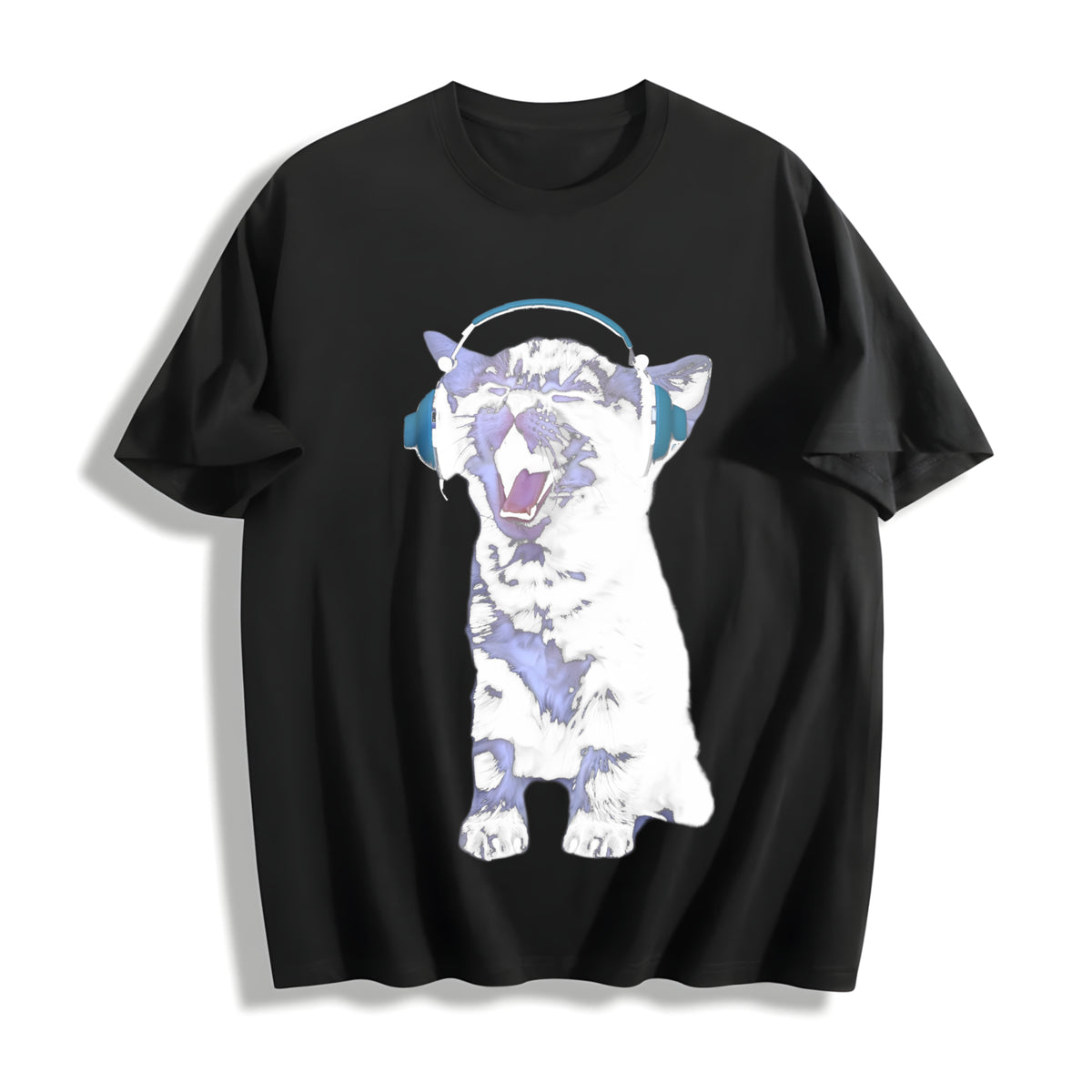 Y2K Headphones Cat Cotton T-Shirt in Black
