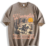 Retro Wranglin' Feral Children Raccoon 90s Western Vintage Washed T-Shirt in Brown