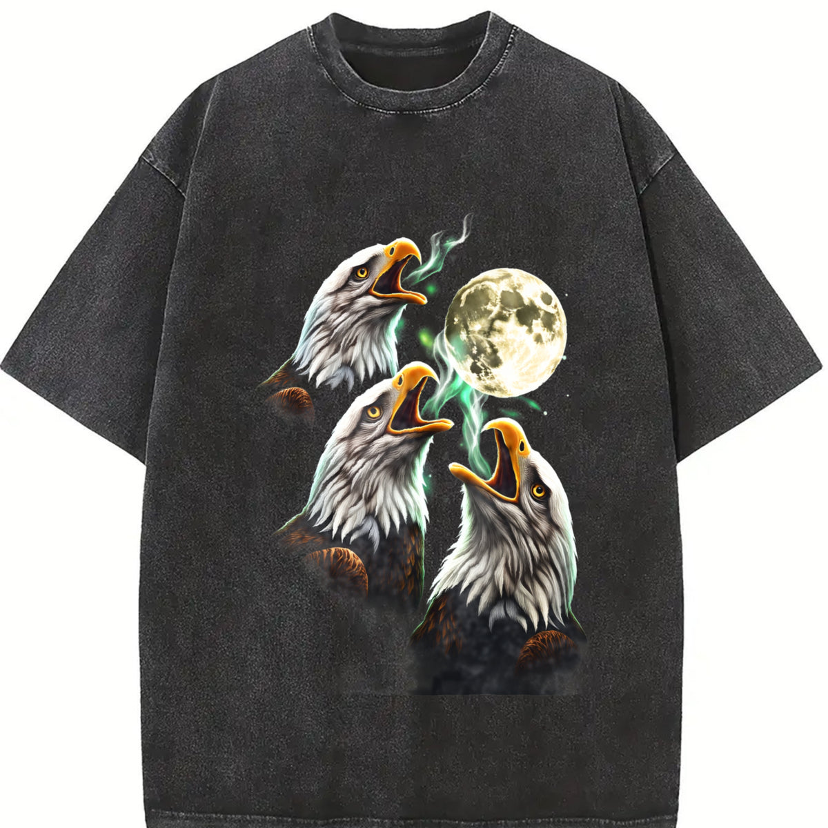 Eagle Howling to Moon 90s Vintage Washed T-Shirt in Black