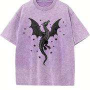 A Scale-patterned Black Dragon Round-neck Short-sleeve. Vintage Washed T-Shirt in Purple