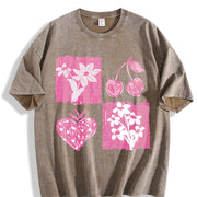 Pink Cherry and Fruit Vintage Washed T-Shirt in Brown