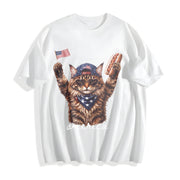 Patriotic Cat Lover Cotton T-Shirt in White