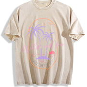 Retro Surf Tropical Beach Sunset Palm Tree and Surf Vintage Washed T-Shirt in Beige