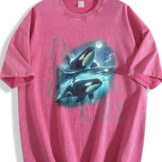 Two Orca Moon Ocean Mystical Orca Vintage Washed T-Shirt in Red