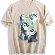 Penguin Howling to Moon 90s Vintage Washed T-Shirt in Beige