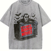 Retro Vampire Let's Watch Horror Movies Vintage Washed T-Shirt in Gray