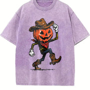 Pumpkin Cowboy Halloween Western Vintage Washed T-Shirt in Purple