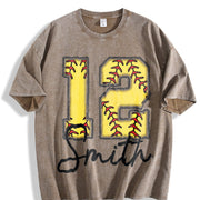Custom Softball Personalized Softball Number Vintage Washed T-Shirt in Brown