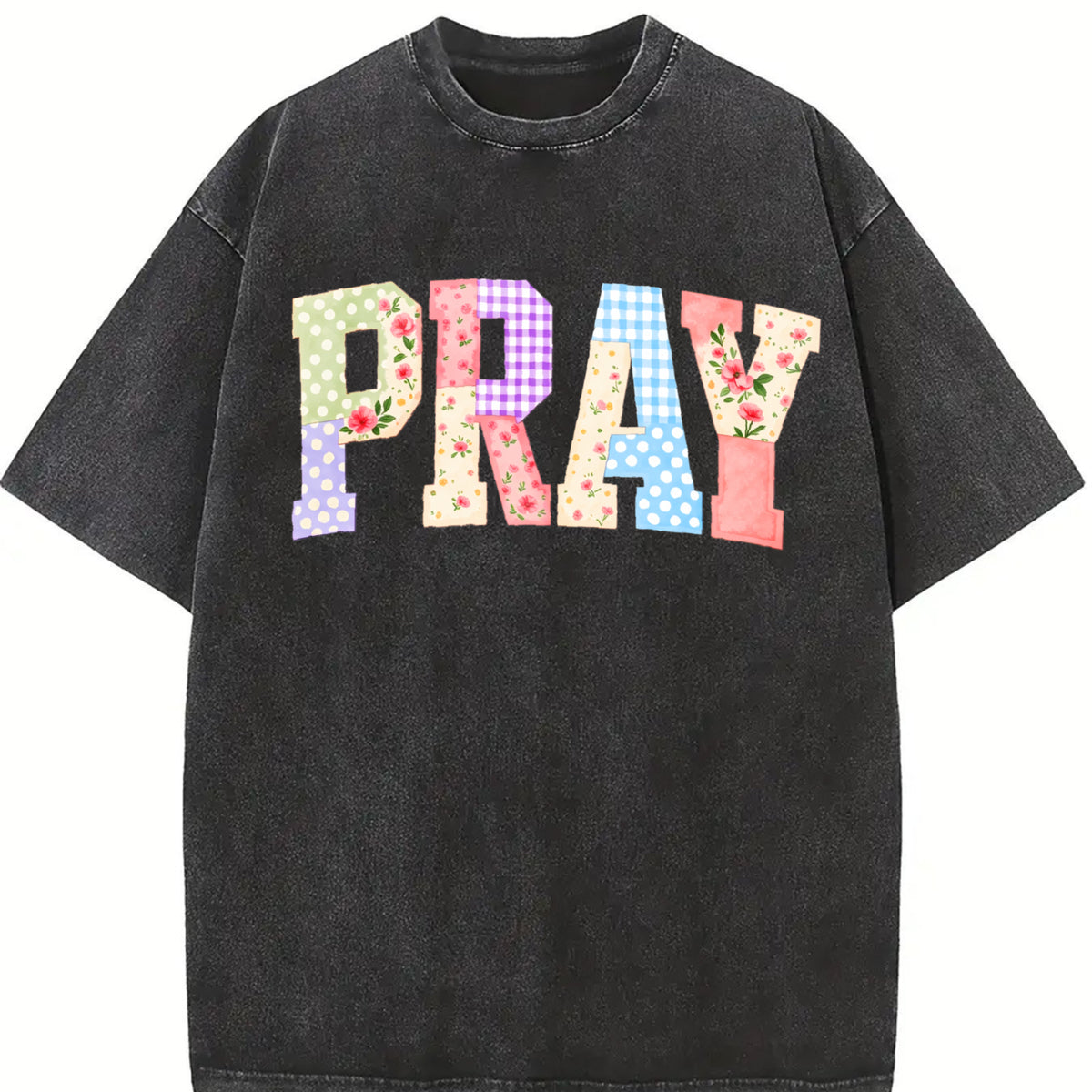 Pray Christian Faux Quilted Religious Vintage Washed T-Shirt in Black